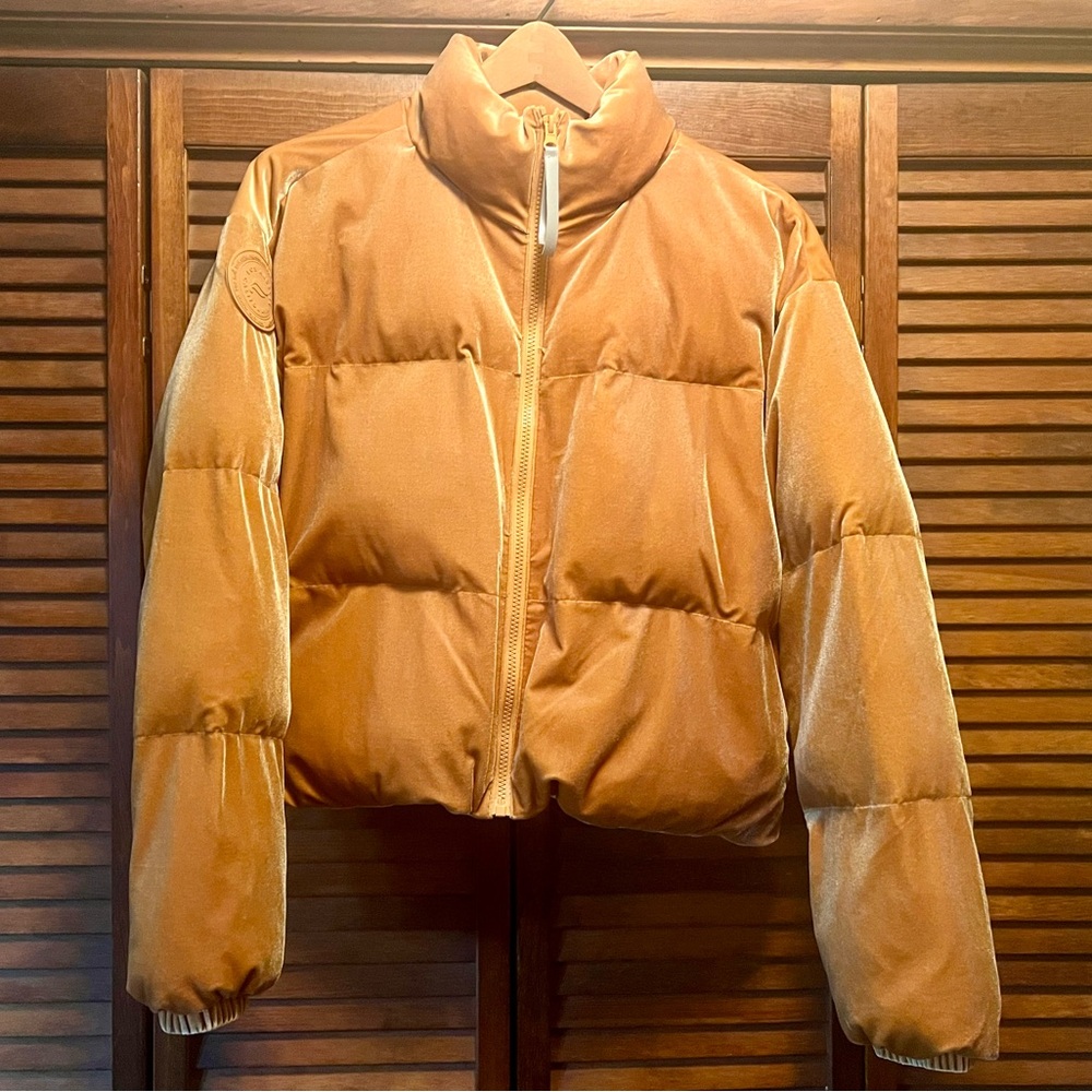 Gold Fabletics wander velour cropped puffer jacket with shiny finish